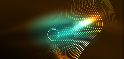 Fototapeta premium Neon lines and waves abstract background. Techno glowing neon shapes vector illustration for wallpaper, banner, background, landing page, wall art, invitation, prints, posters