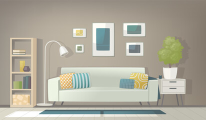 Interior of a cozy living room with a sofa, pieces of furniture, accessories, paintings and a plant