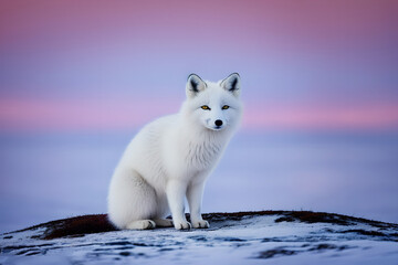 Arctic Fox sitting in arctic sunset, aurora borealis. Beautiful nature background