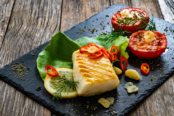 Grilled calamari steak with fried tomatoes and fresh vegetables on wooden table
