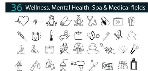  35 line icons of wellness, wellbeing, mental health, healthcare, cosmetics, spa, and medical fields.Heartbeat, Meditation, Yoga, Stethoscope, Pill bottle, First aid kit, Doctor's coat, Syringe, soap