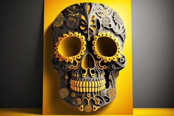 Colorfully painted human skull on yellow background for Day of the Dead celebration in Mexico. Generative AI