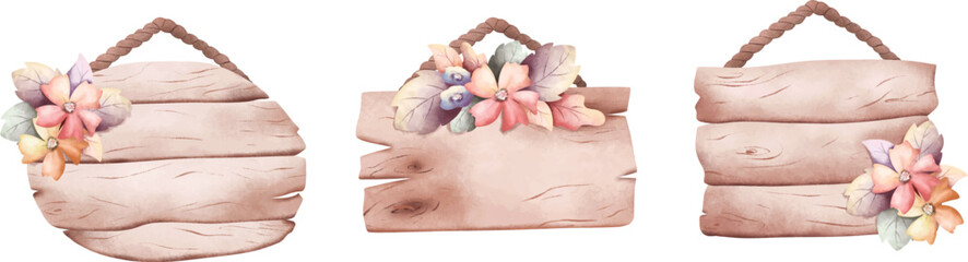 Watercolor Illustration set of wooden sign board with vintage flower wreath