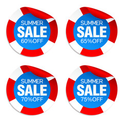 Summer sale red stickers set 60%, 65%, 70%, 75% off discount with lifebuoy