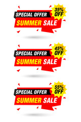 Special offer summer sale red origami labels set. Sale 35%, 45%, 55% off discount