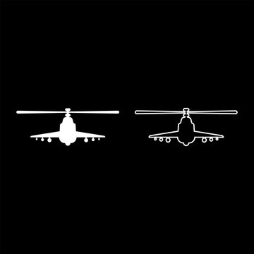 Combat helicopter attack military concept view front set icon white color vector illustration image solid fill outline contour line thin flat style