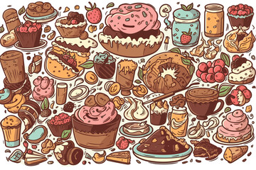 Doodle Cartoon Drawn food sweet watercolor vector illustration.