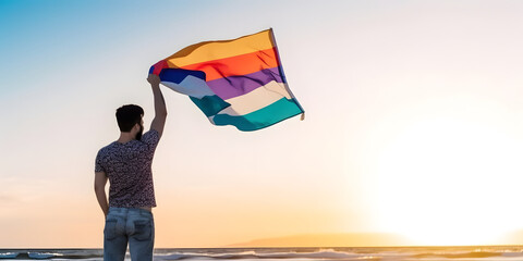 Boy waving rainbow flag. Concept of LGBT pride. AI generated
