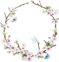 Fototapeta na wymiar Watercolor cherry blossom wreath and butterflies