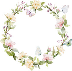 Watercolor wreath with rose leaves and butterflies