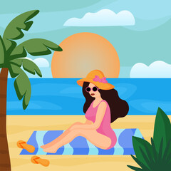 Obraz na płótnie Canvas Girl on the beach of the island. Woman is sunbathing in swimsuit and glasses on the sand, flip flops nearby. Vector flat illustration of sea vacation, sun shining, palm tree