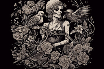 Fototapeta na wymiar Fairy bird tattoo with skull and gallows, in the style of noir comic art, bold lines, pyrography, gothicpunk, intricate costumes, womancore, matte drawing, primitive art generative AI technology