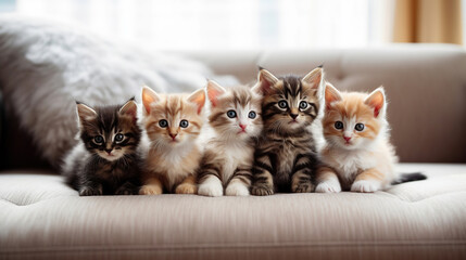 Five adorable colorful  kittens on the couch
