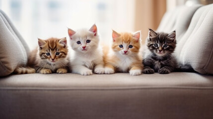 Fototapeta na wymiar Four adorable colorful kittens on the couch