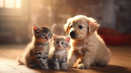 Two adorable kittens and cute puppy