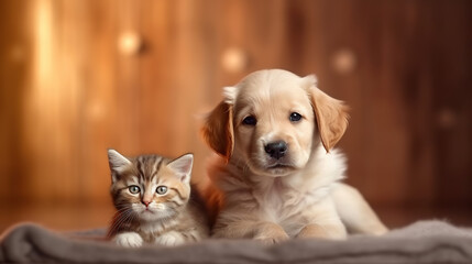Fototapeta na wymiar Adorable kittens and cute puppy.