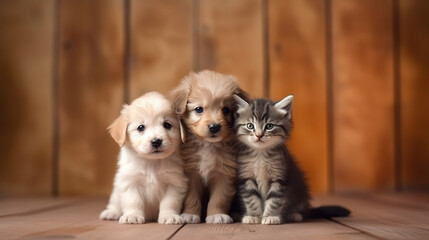 Adorable kitten and cute two puppys - obrazy, fototapety, plakaty