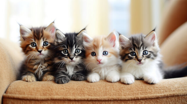 Four adorable colorful  kittens on the couch