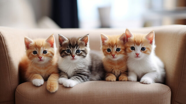 Four adorable colorful  kittens on the armchair