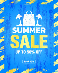 Summer sale 50% off discount, grunge design style blue banner
