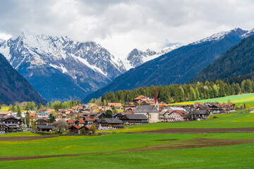 Niederrasen village in Pusteral valley view, Dolomites Alps, Italy