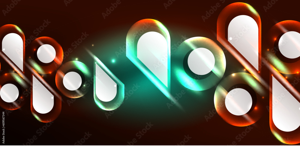 Poster Neon glowing geometric shapes vector abstract background. Round elements, light effects and glass glossy style with color backdrop. Space cosmic or magic energy wallpaper