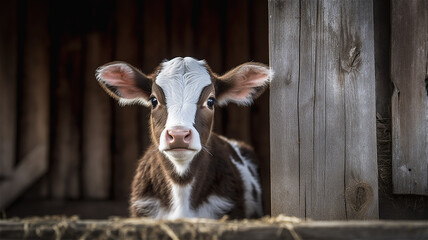 Obraz premium Generative AI Illustration of a Young Calf on a Farm in a Barn