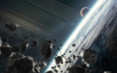 Deep space wallpaper. Asteroid field. 5K realistic science fiction art. Elements of image provided by Nasa