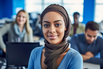 Fototapeta A confident female Muslim student in a diverse classroom environment smiles at the camera, representing empowerment and success in modern education. Generative AI. obraz