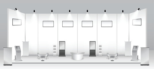 set of realistic trade exhibition stand or white blank exhibition kiosk or stand booth corporate commercial. eps vector