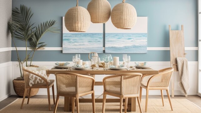 Interior Design Inspiration Of Coastal Beachy Style Home Dining Room Loveliness Decorated With Wood And Rattan Material And Statement Lighting .Generative AI Home Interior Design .