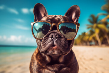 Obraz na płótnie Canvas French bulldog wearing sun glasses chilling on the sandy beach at the sea created with AI generative technology