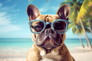 Fototapeta na wymiar French bulldog wearing sun glasses chilling on the sandy beach at the sea created with AI generative technology
