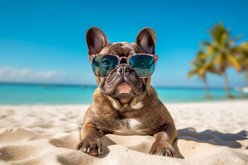 Obraz na płótnie Canvas French bulldog wearing sun glasses chilling on the sandy beach at the sea created with AI generative technology