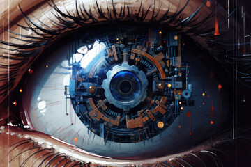 Digital painting of Robot or human eyeball close-up with blue pupil scanning an eye, illustration painting (ai generated)