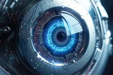 Robot or human eyeball close-up with blue pupil scanning an eye (ai generated)