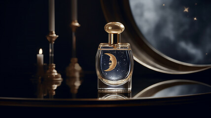 Fototapeta na wymiar A bottle of premium luxery perfume stands on surface, which moon and stars, generative AI tools 