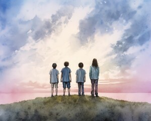 Obraz premium 眺める子供たち,Generative AI AI画像