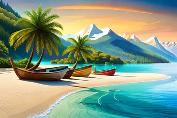 Row of fishing boats kept in a beautiful sea beach with palm trees, created with generative AI.