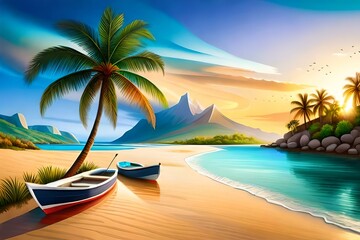Fototapeta na wymiar A sea beach with palm trees and fishing boats, created with generative AI.