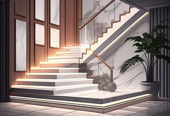Interior view of a stairs in traditional house. Generative AI.