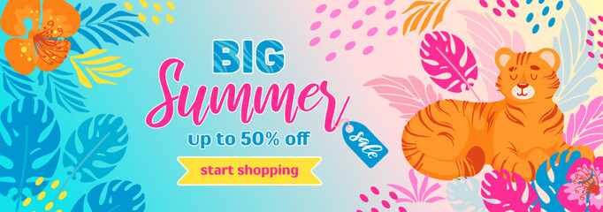 Fototapeta premium Bright summer sale horizontal banner. Tiger, tropical leaves and flowers. In bright neon colors. Hippie, psychedelic. For advertising banner, website, sale flyer.
