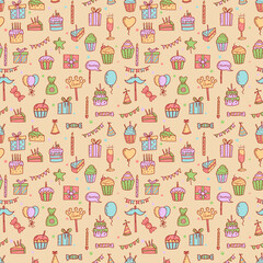 Birthday greeting party decorations seamless pattern. Gifts presents, cupcakes, celebration cake