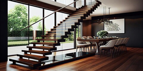 Inside view of a staircase in modern house. Generative AI.