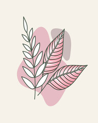 Contour branch and pink leaves with pink spots on a light yellow background, abstract vector botanical image, hand drawn.