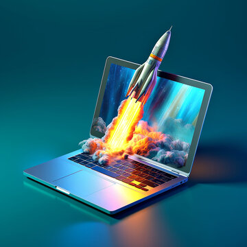 Cohete saliendo de la pantalla de ordenador, efecto 3d . Ia generativa
