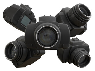 Five DSLR camera looking in all directions with transparent background