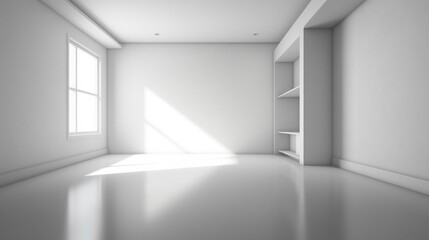 Fototapeta na wymiar 製品プレゼンテーション用の抽象的な白いスタジオの背景。窓の影のある空の灰色の部屋GenerativeAI