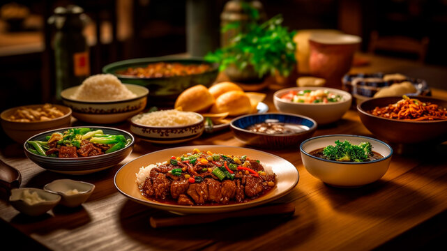 Spread of delectable Chinese dishes adorns a wooden table. Generative AI
