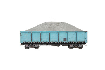 Blue metallic goods wagon or freight wagon with gravel isolated on transparent background. 